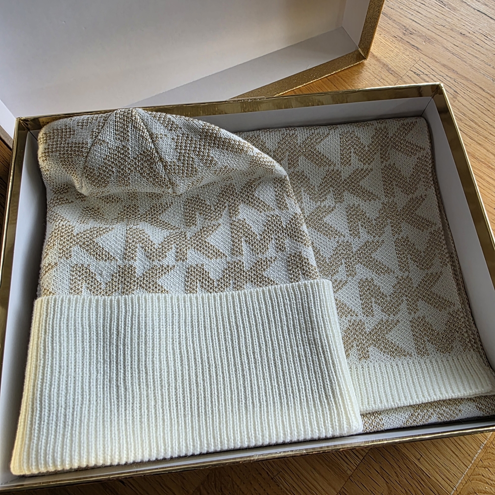Michael Kors Cream & Beige Logo Knit Hat and Scarf Set